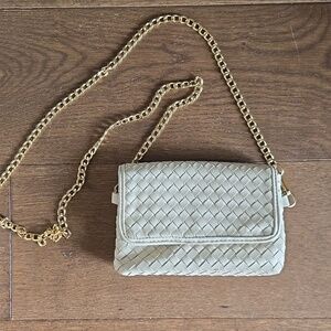 Woven Crossbody, Shoulder, Belt Or Clutch Bag with Gold Chain Strap - Cream